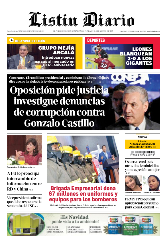 Portada Periódico Listín Diario, Miércoles 20 de Noviembre, 2019