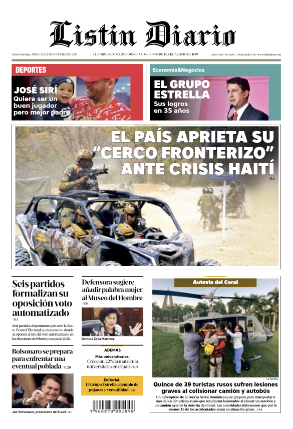 Portada Periódico Listín Diario, Miércoles 27 de Noviembre, 2019