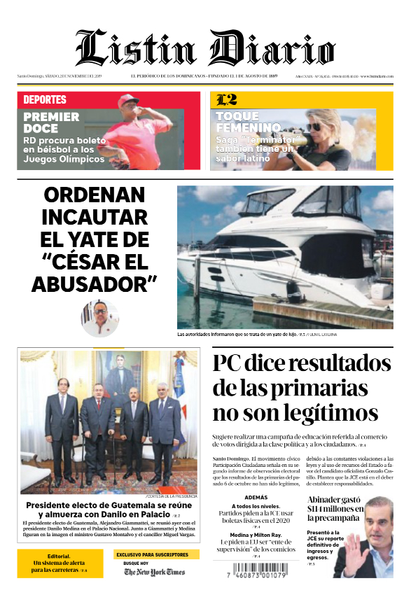 Portada Periódico Listín Diario, Sábado 02 de Noviembre, 2019
