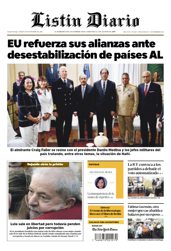 Portada Periódico Listín Diario, Sábado 09 de Noviembre, 2019