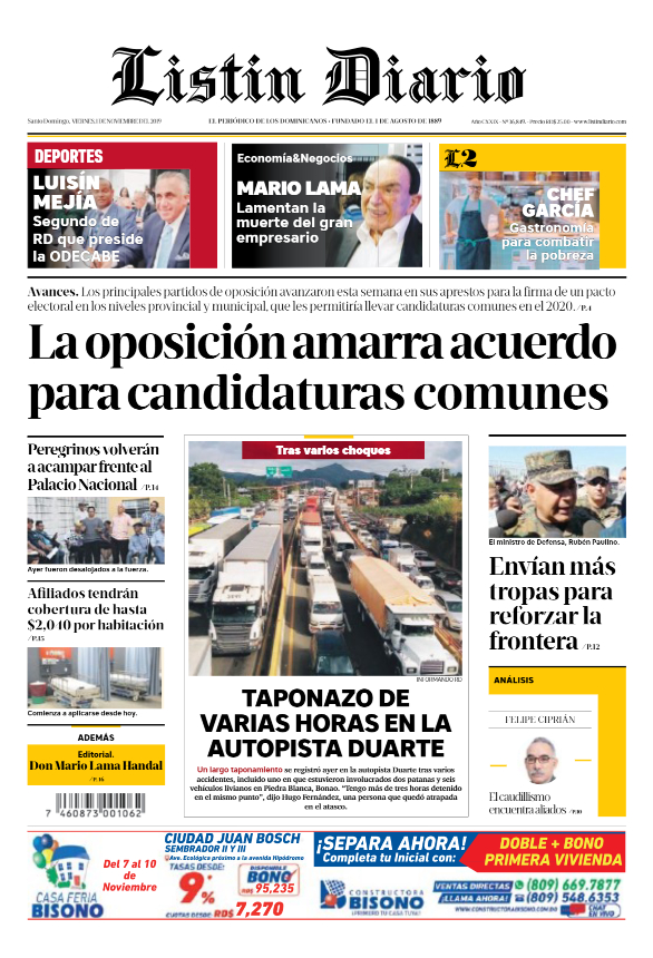 Portada Periódico Listín Diario, Viernes 01 de Noviembre, 2019