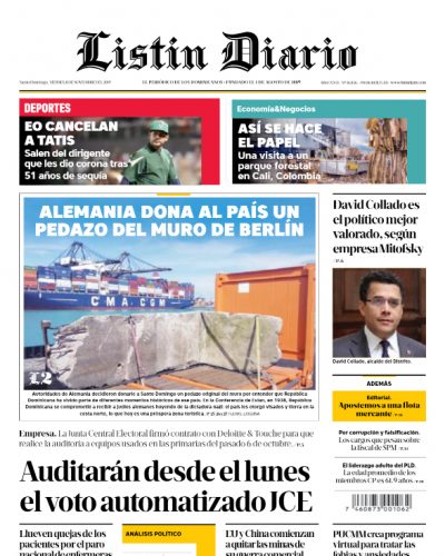 Portada Periódico Listín Diario, Viernes 08 de Noviembre, 2019
