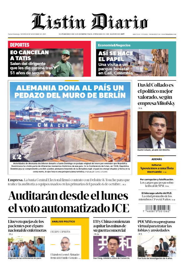 Portada Periódico Listín Diario, Viernes 08 de Noviembre, 2019