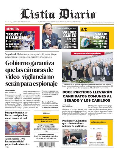 Portada Periódico Listín Diario, Viernes 15 de Noviembre, 2019