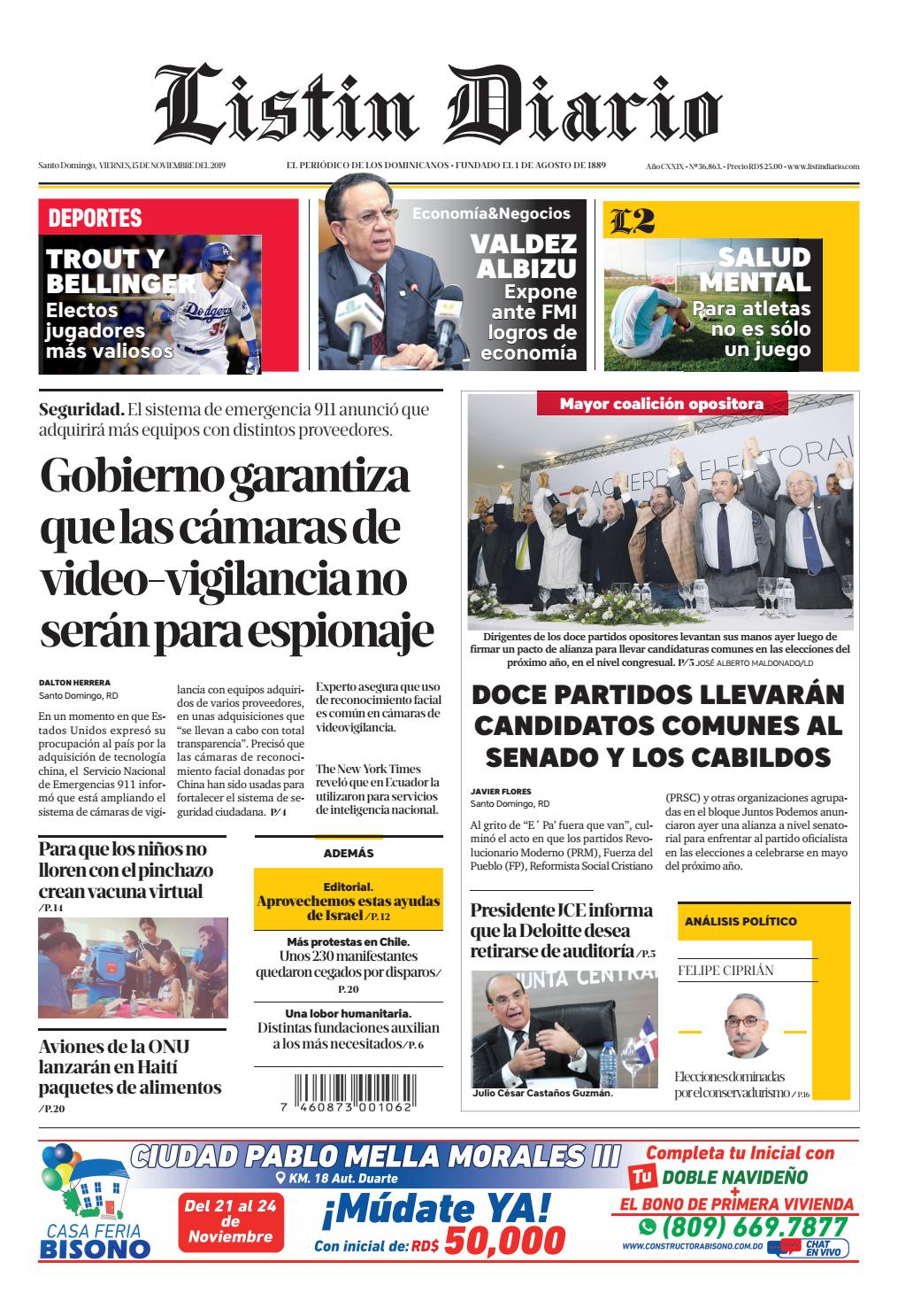 Portada Periódico Listín Diario, Viernes 15 de Noviembre, 2019