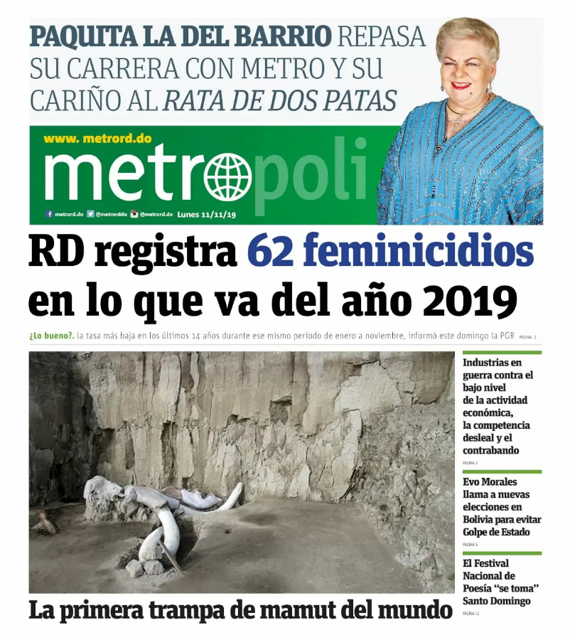 Portada Periódico Metro, Lunes 11 de Noviembre, 2019