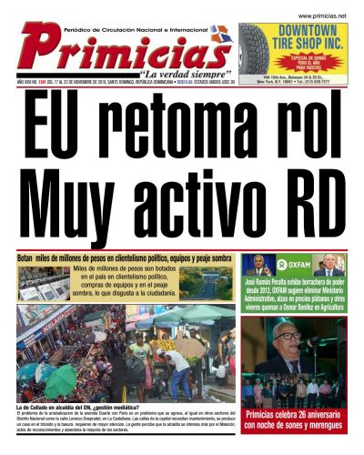Portada Periódico Primicias, Lunes 18 de Noviembre, 2019