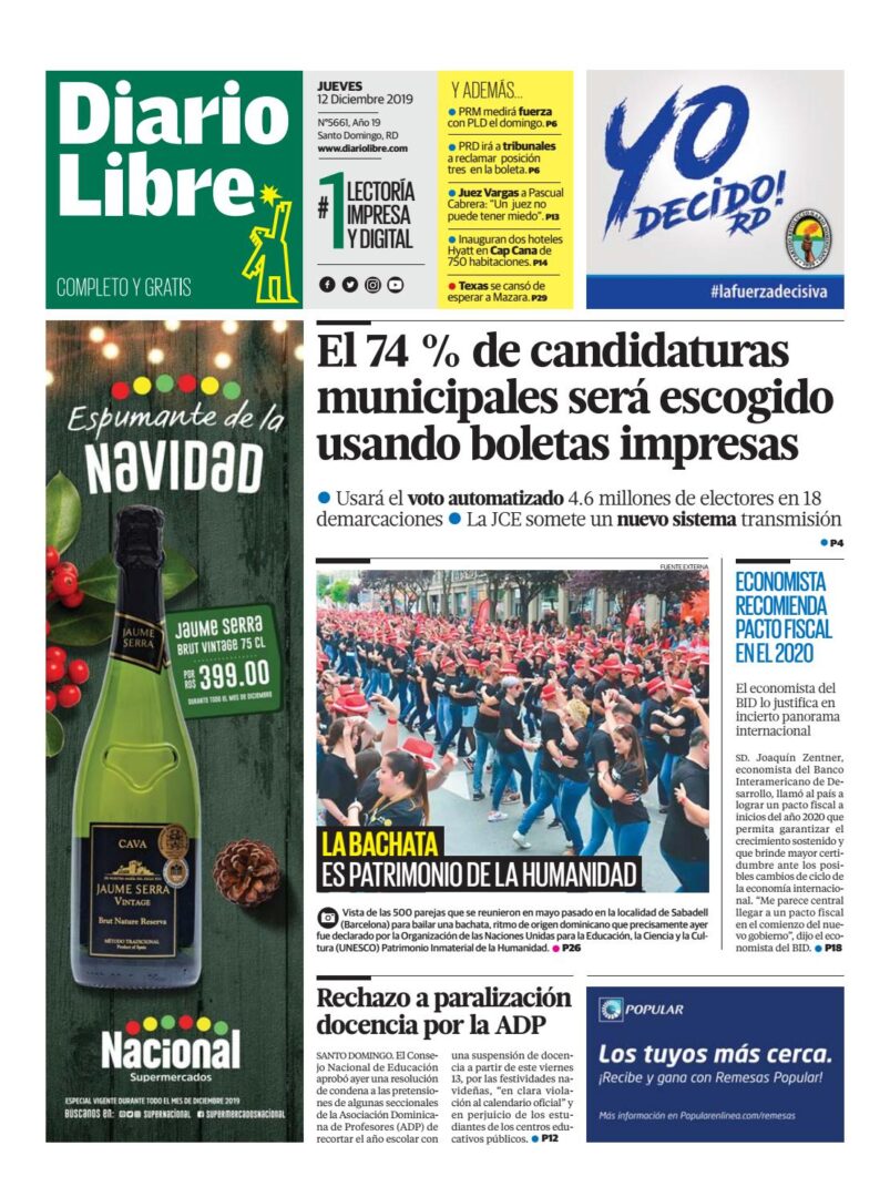 Portada Periódico Diario Libre, Jueves 12 de Diciembre, 2019