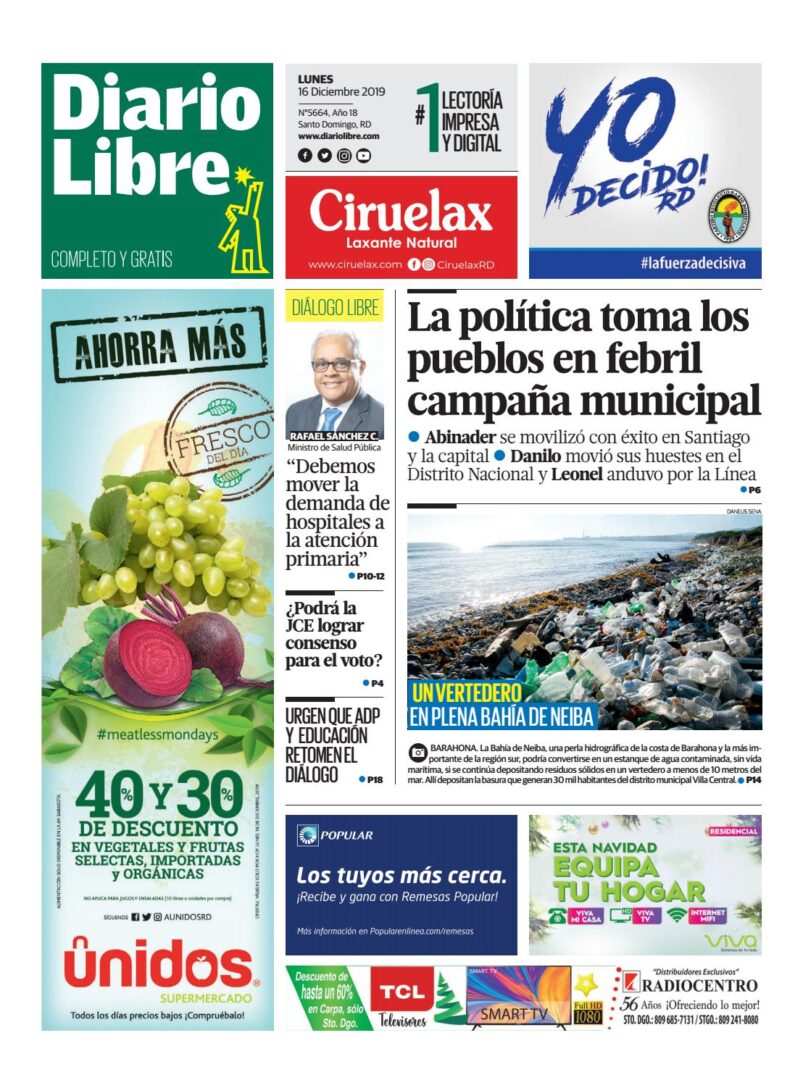 Portada Periódico Diario Libre, Lunes 16 de Diciembre, 2019