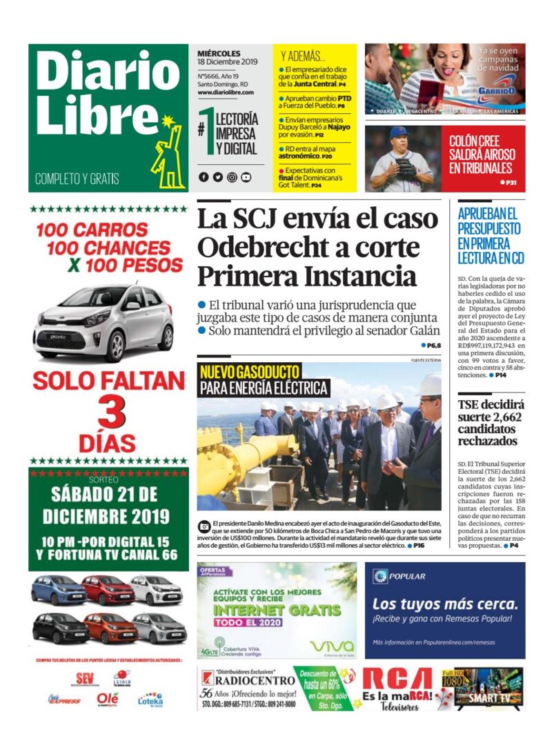 Portada Periódico Diario Libre, Miércoles 18 de Diciembre, 2019