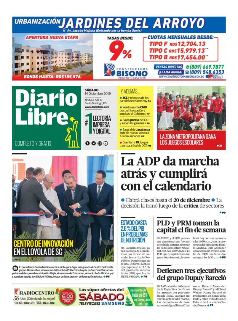 Portada Periódico Diario Libre, Sábado 14 de Diciembre, 2019