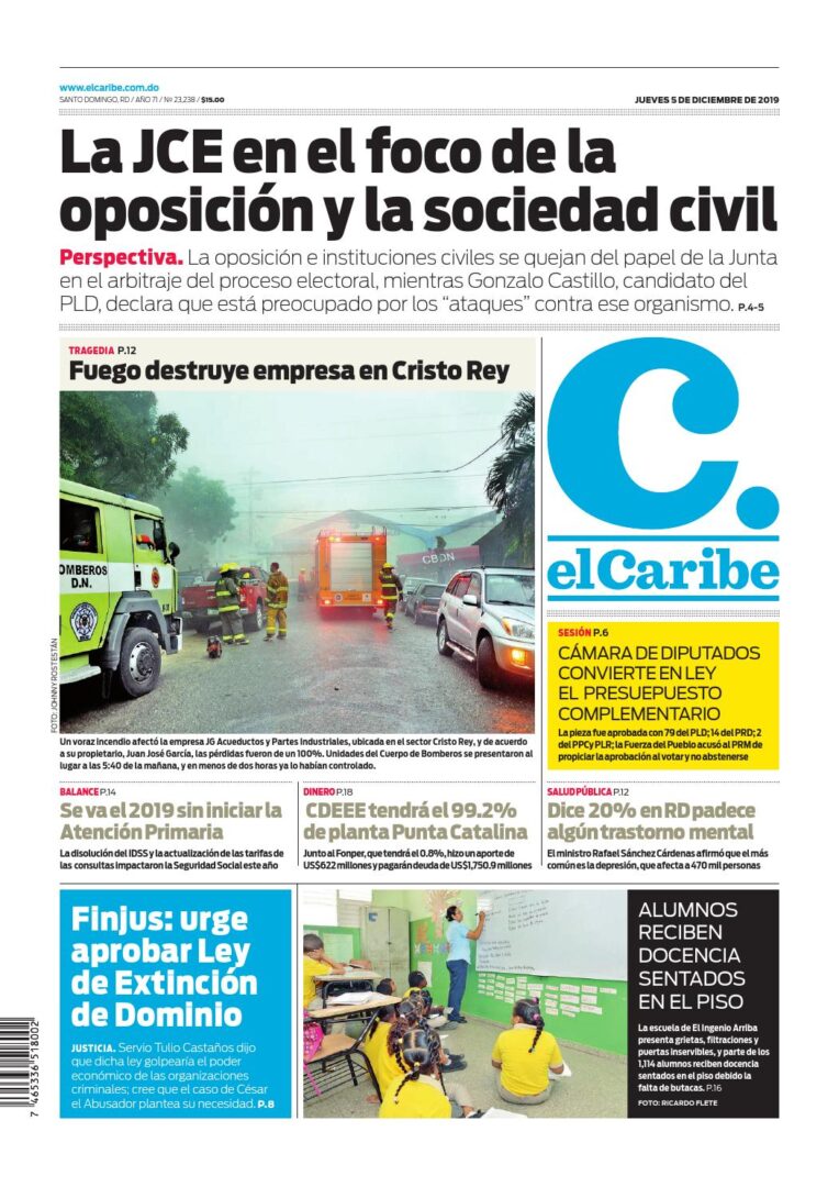 Portada Periódico El Caribe, Jueves 05 de Diciembre, 2019