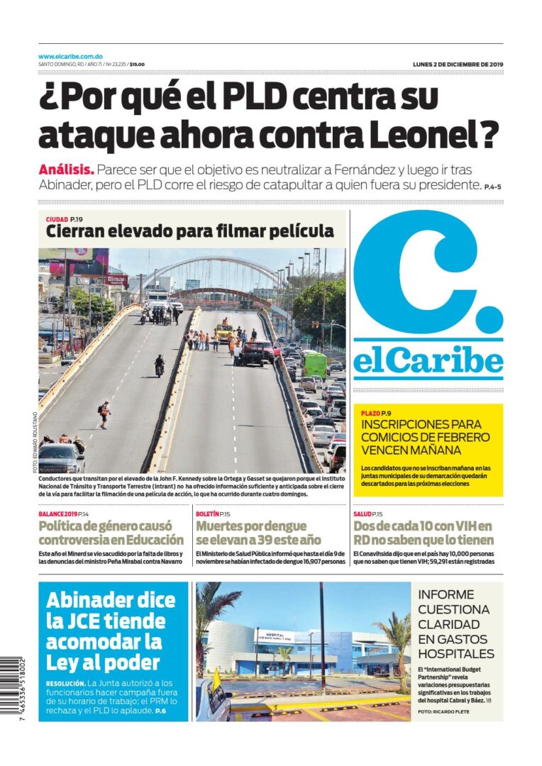 Portada Periódico El Caribe, Lunes 02 de Diciembre, 2019