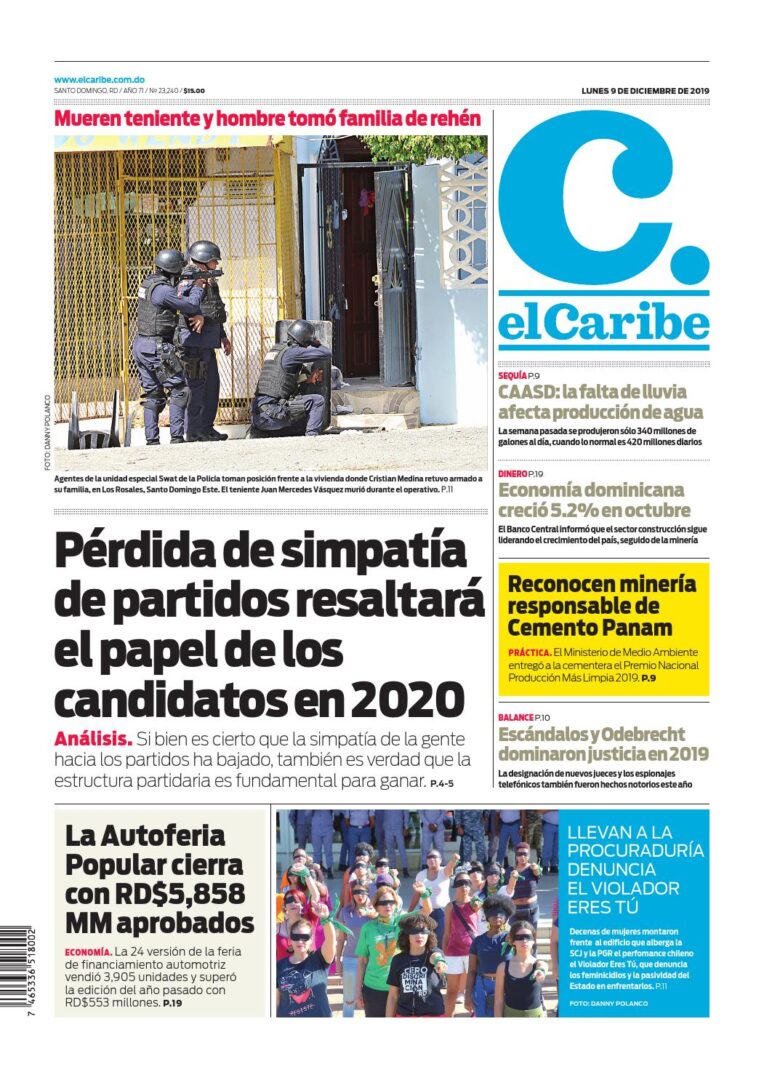 Portada Periódico El Caribe, Lunes 09 de Diciembre, 2019