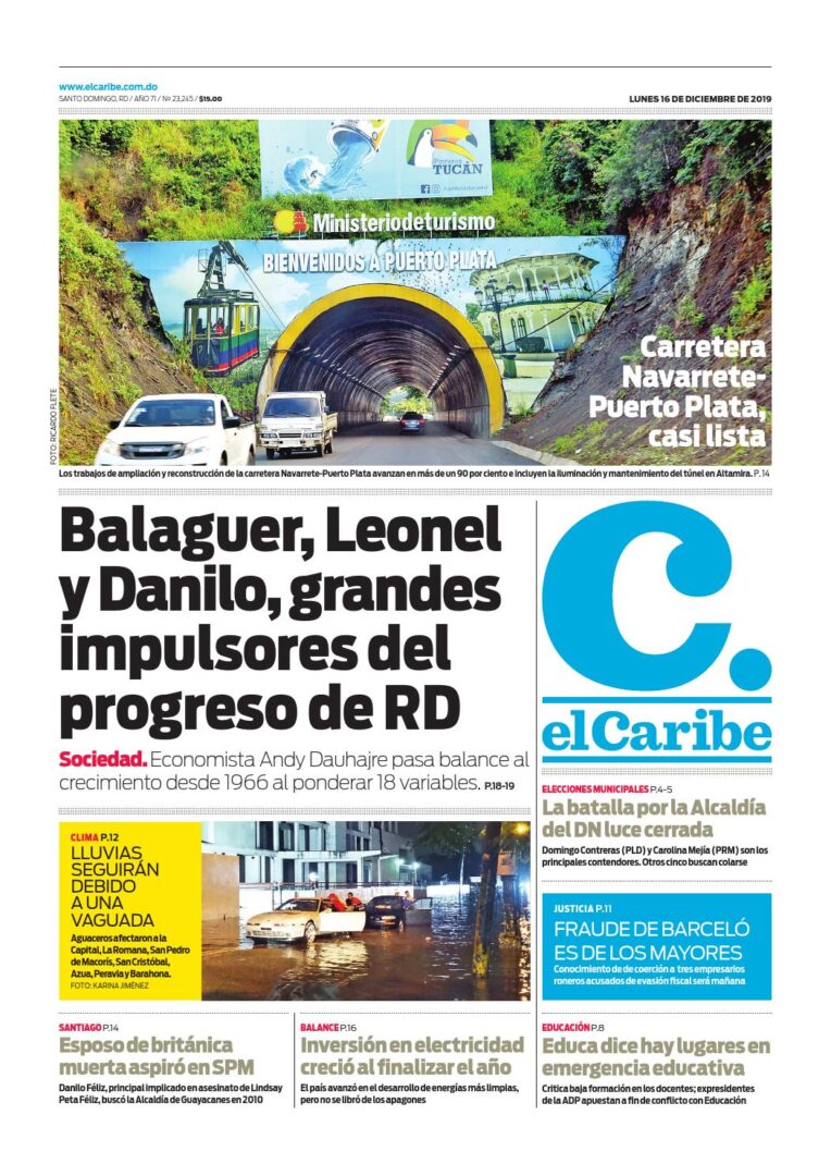 Portada Periódico El Caribe, Lunes 16 de Diciembre, 2019