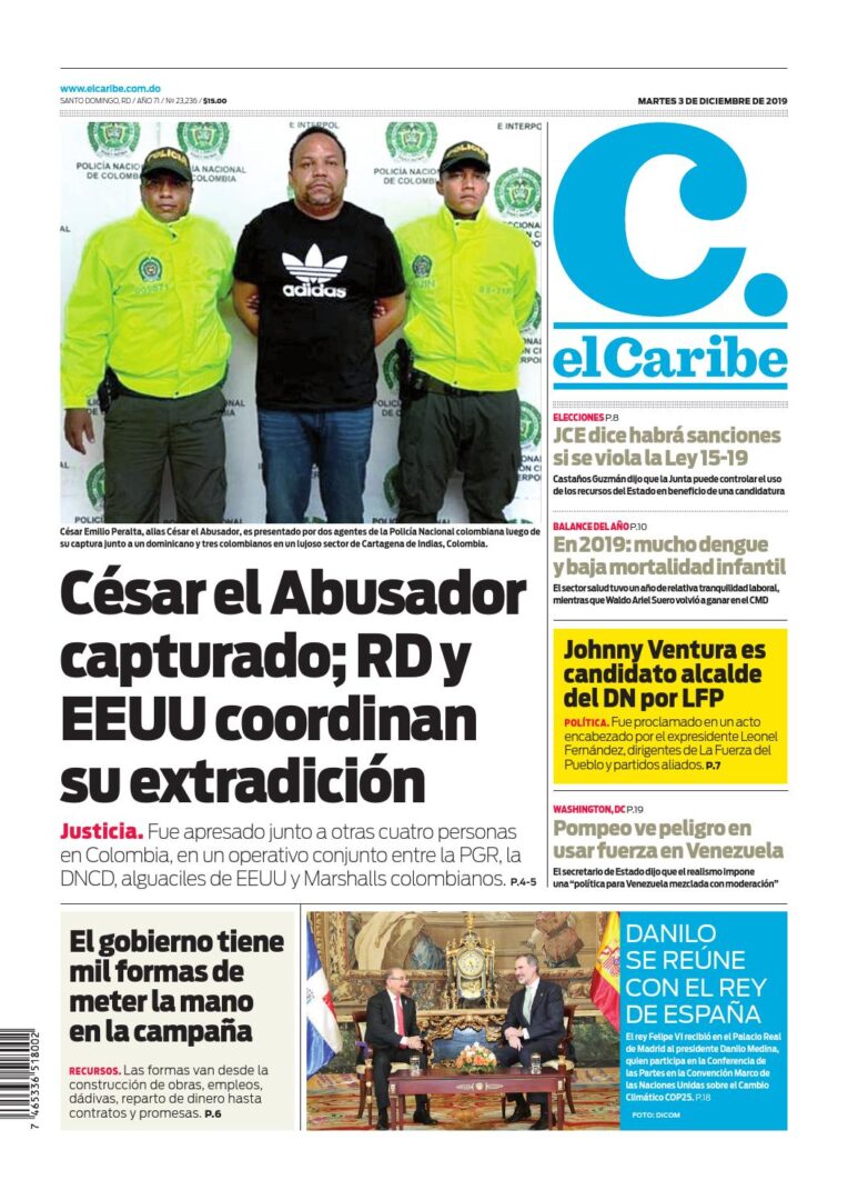 Portada Periódico El Caribe, Martes 03 de Diciembre, 2019