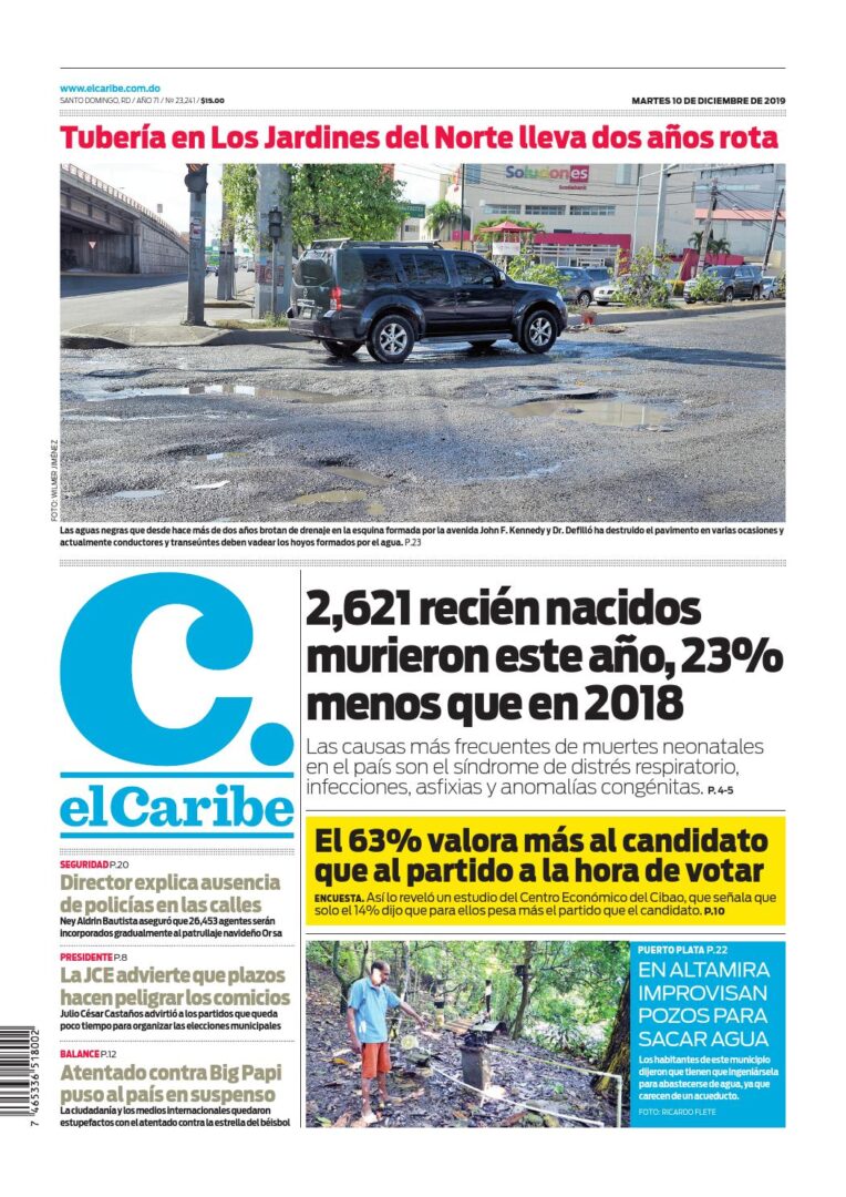 Portada Periódico El Caribe, Martes 10 de Diciembre, 2019