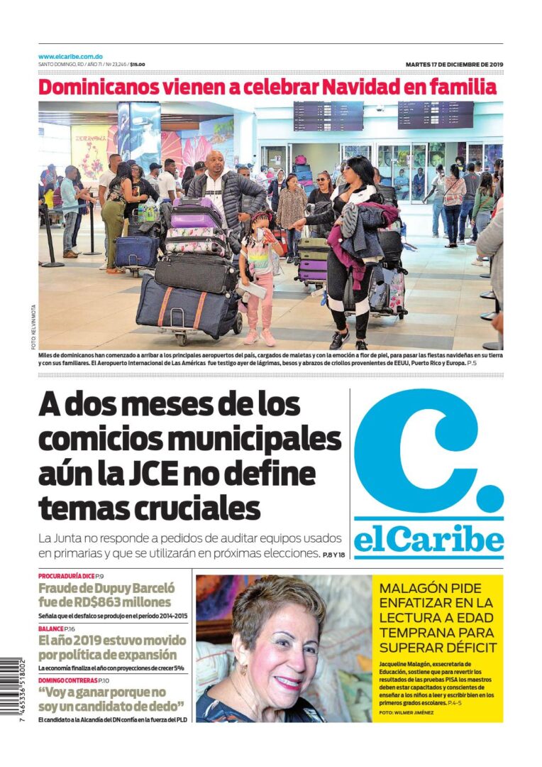 Portada Periódico El Caribe, Martes 17 de Diciembre, 2019