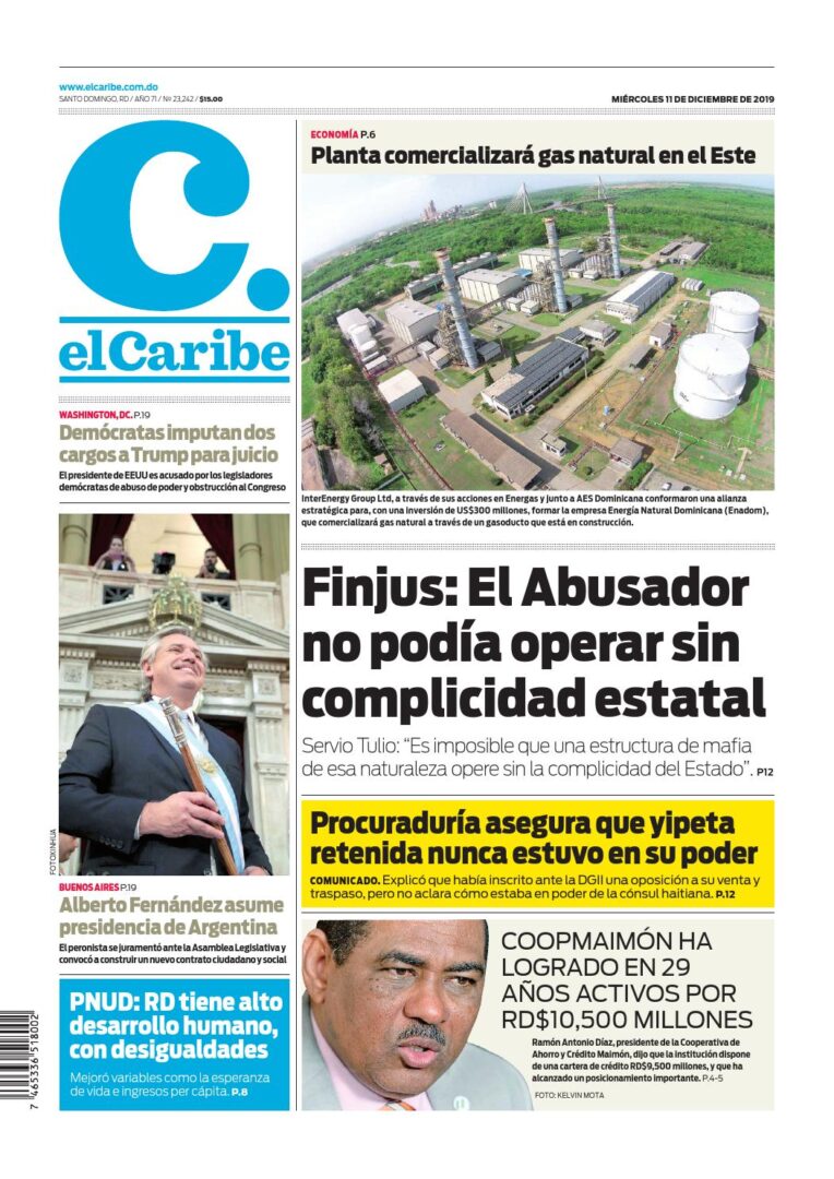 Portada Periódico El Caribe, Miércoles 11 de Diciembre, 2019