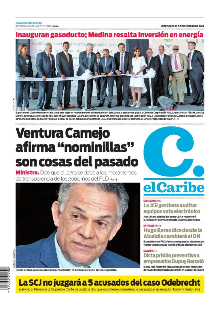Portada Periódico El Caribe, Miércoles 18 de Diciembre, 2019