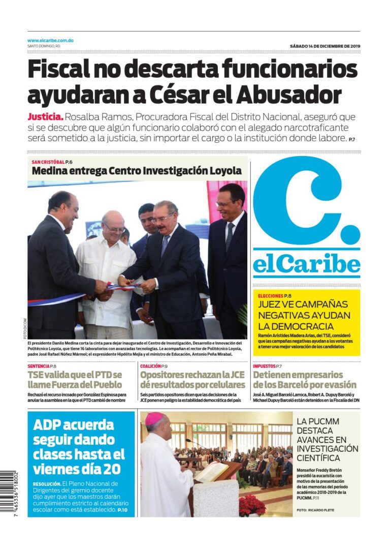 Portada Periódico El Caribe, Sábado 14 de Diciembre, 2019