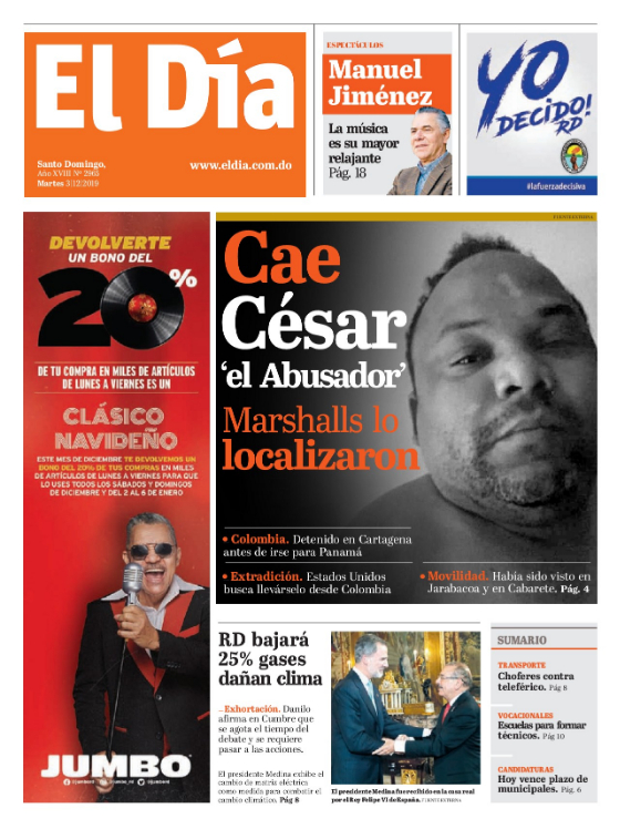 Portada Periódico El Día, Martes 03 de Diciembre, 2019