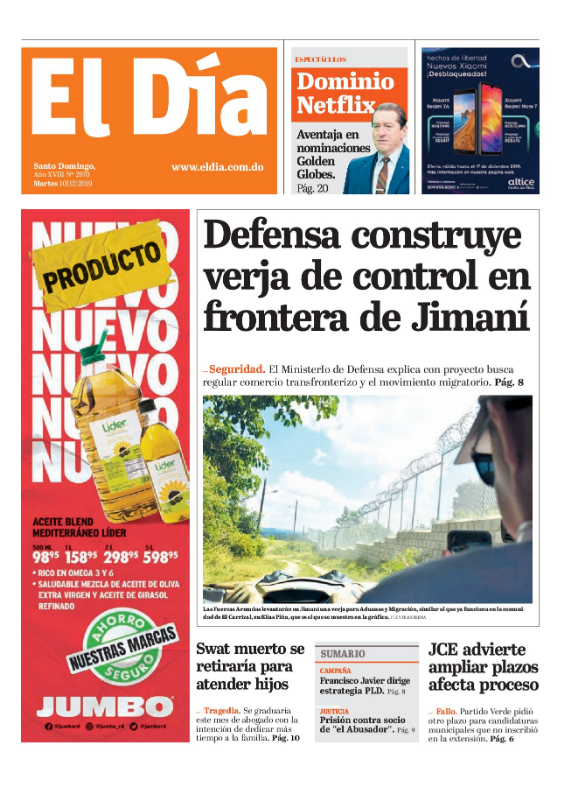Portada Periódico El Día, Martes 10 de Diciembre, 2019