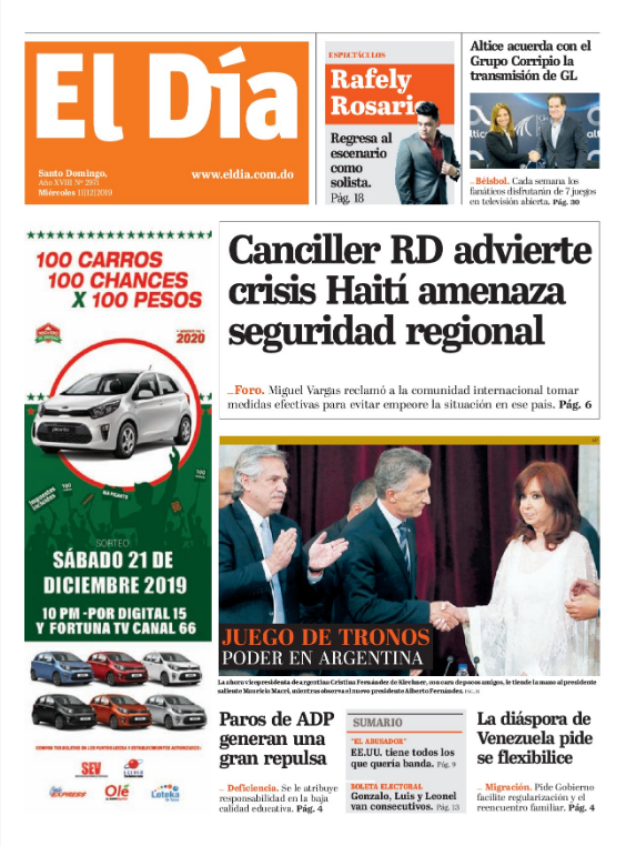 Portada Periódico El Día, Miércoles 11 de Diciembre, 2019