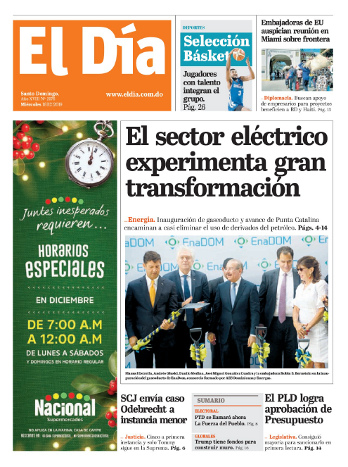 Portada Periódico El Día, Miércoles 18 de Diciembre, 2019