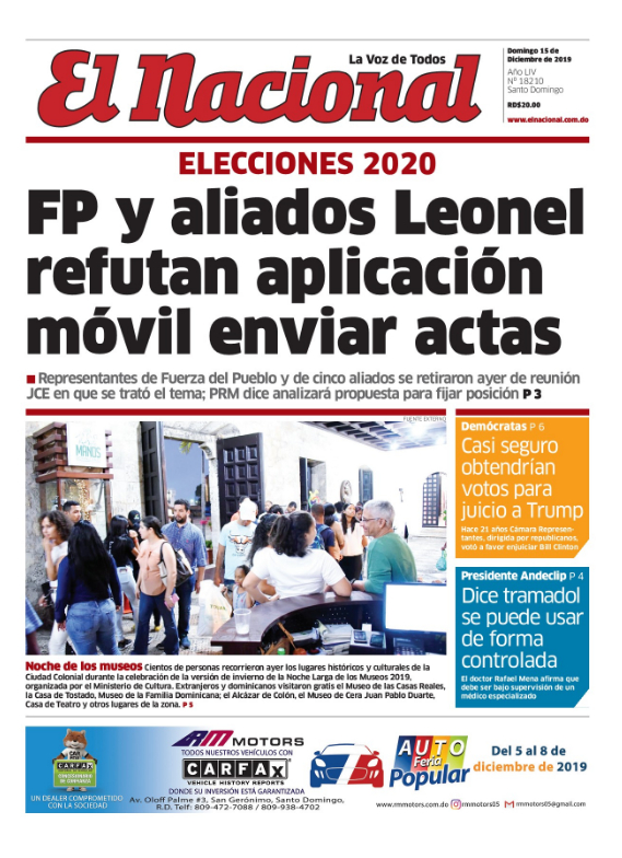 Portada Periódico El Nacional, Domingo 15 de Diciembre, 2019