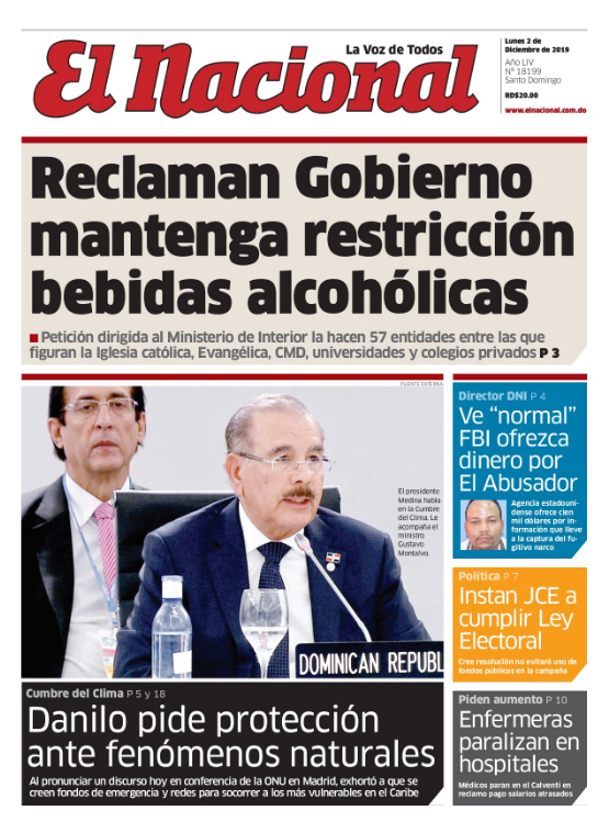Portada Periódico El Nacional, Lunes 02 de Diciembre, 2019