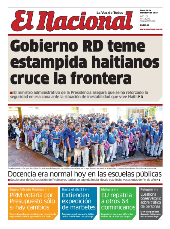 Portada Periódico El Nacional, Lunes 16 de Diciembre, 2019