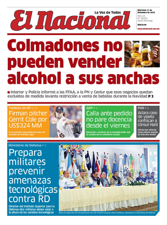 Portada Periódico El Nacional, Miércoles 11 de Diciembre, 2019