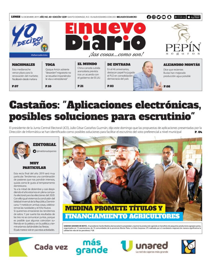Portada Periódico El Nuevo Diario, Lunes 16 de Diciembre, 2019