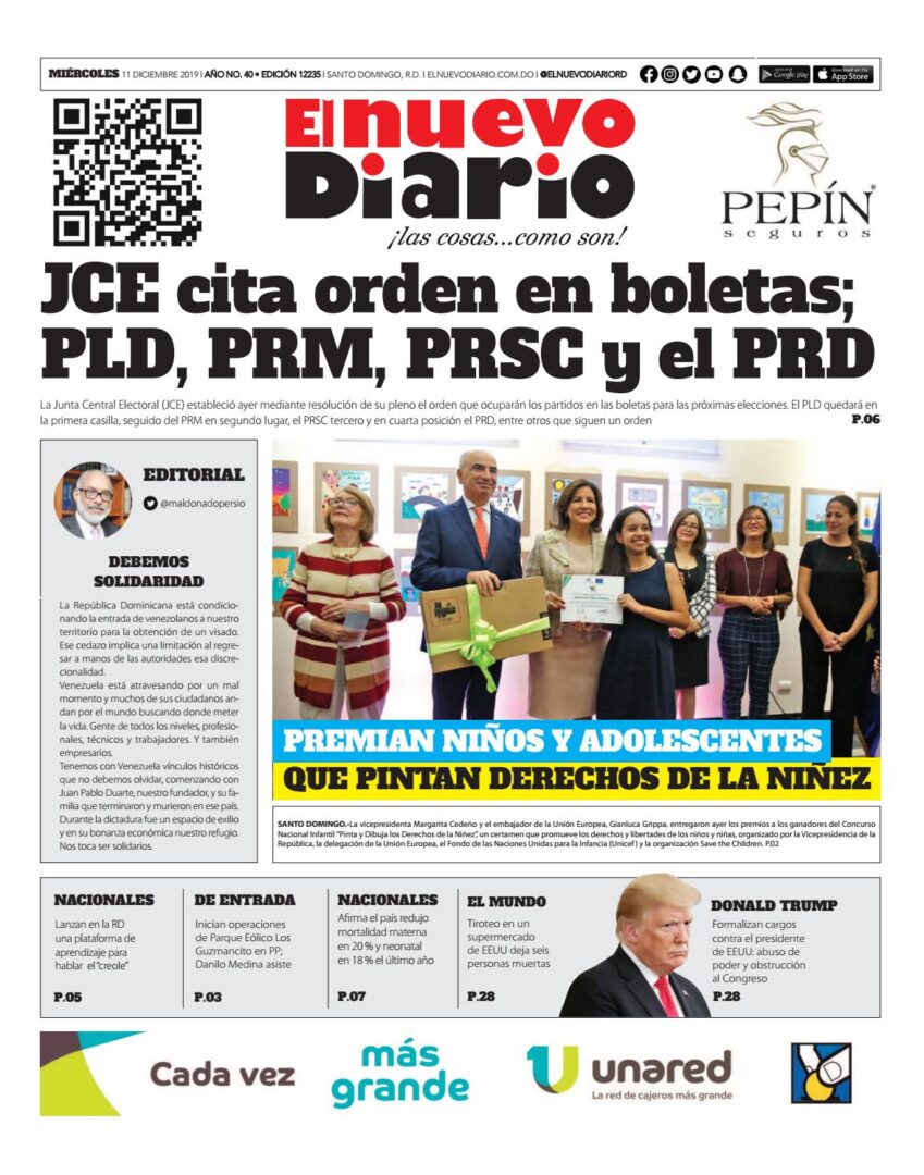Portada Periódico El Nuevo Diario, Miércoles 11 de Diciembre, 2019