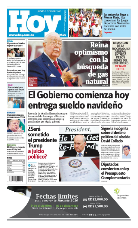 Portada Periódico Hoy, Jueves 05 de Diciembre, 2019