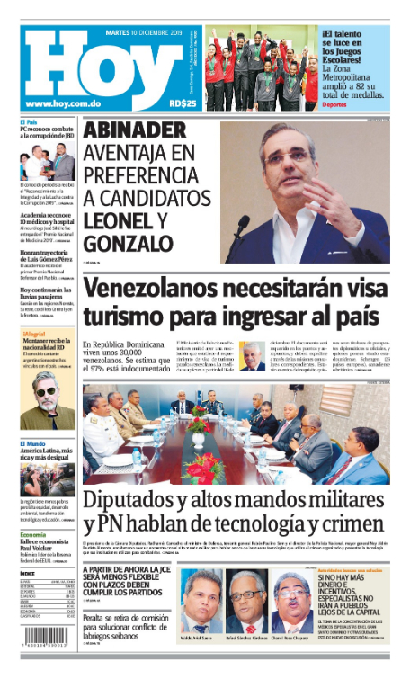 Portada Periódico Hoy, Martes 10 de Diciembre, 2019