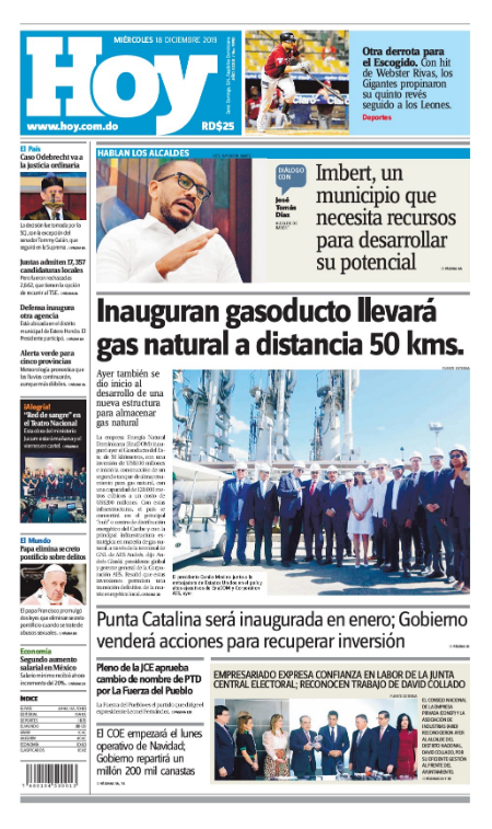 Portada Periódico Hoy, Miércoles 18 de Diciembre, 2019
