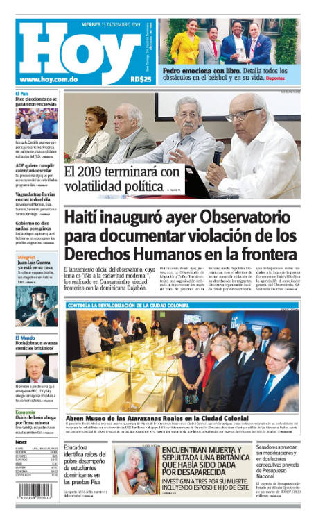 Portada Periódico Hoy, Viernes 13 de Diciembre, 2019