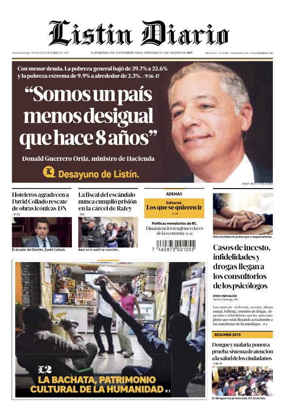 Portada Periódico Listín Diario, Jueves 12 de Diciembre, 2019