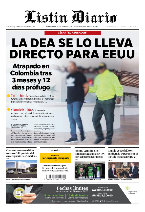 Portada Periódico Listín Diario, Martes 03 de Diciembre, 2019