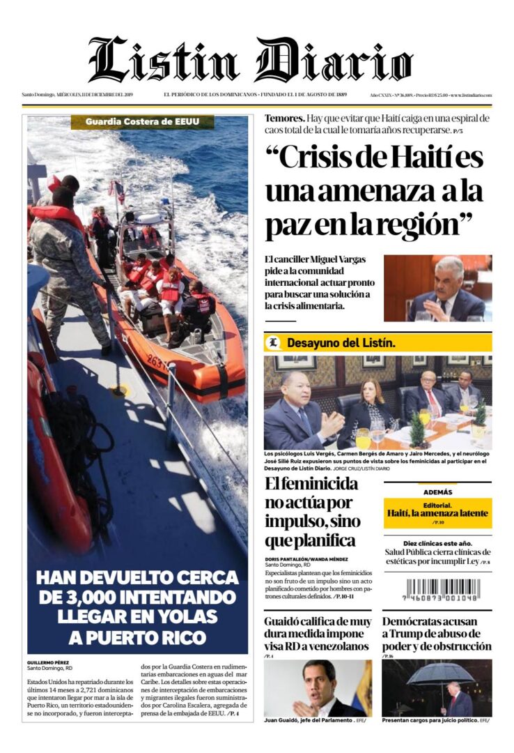 Portada Periódico Listín Diario, Miércoles 11 de Diciembre, 2019