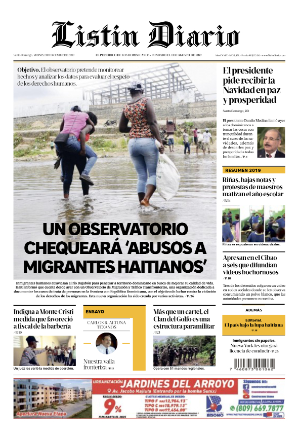 Portada Periódico Listín Diario, Viernes 13 de Diciembre, 2019