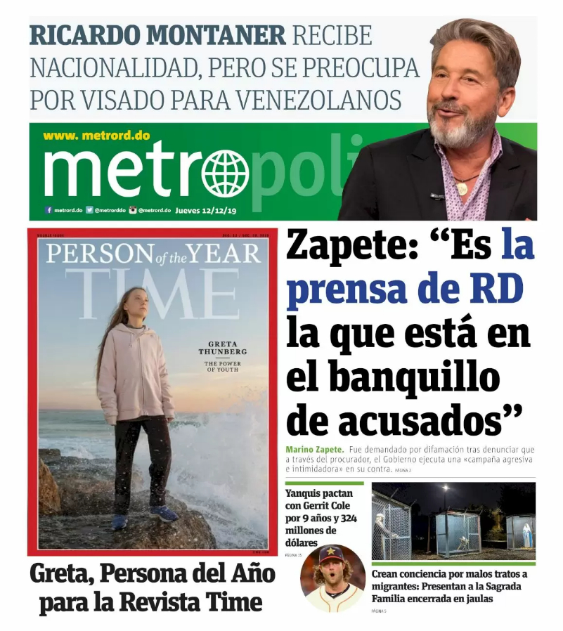 Portada Periódico Metro, Jueves 12 de Diciembre, 2019