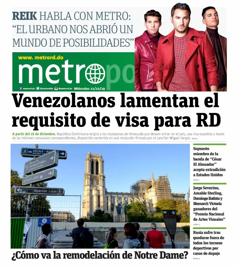 Portada Periódico Metro, Miércoles 11 de Diciembre, 2019