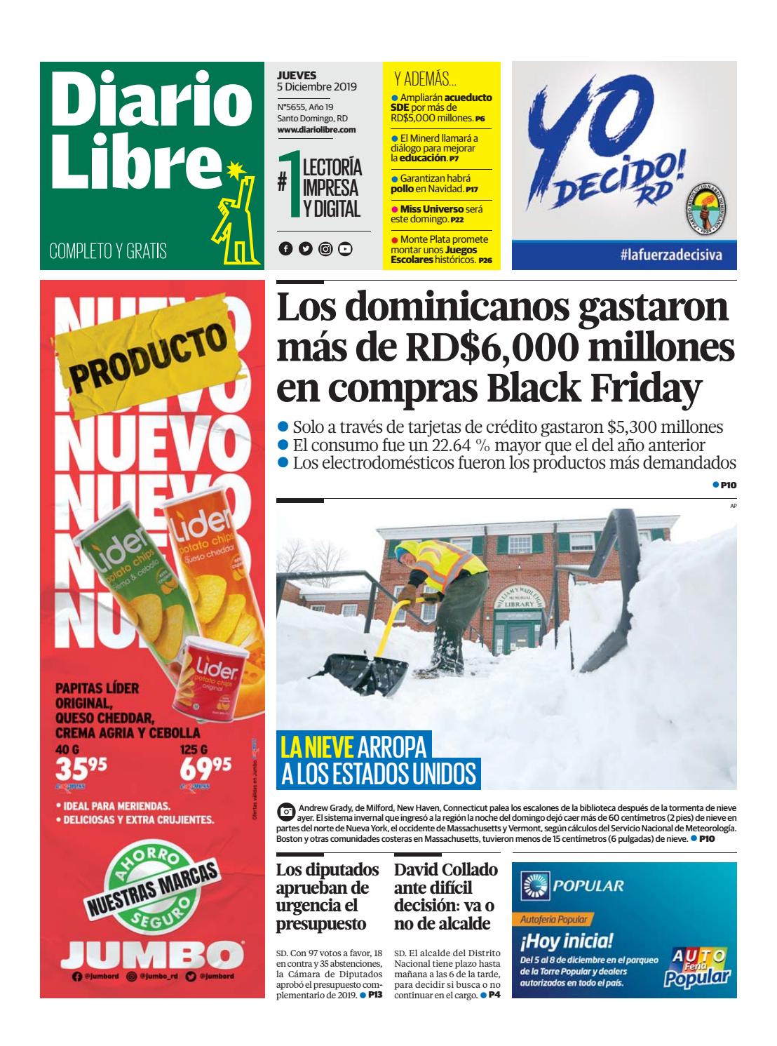 Portada Periódico Diario Libre, Jueves 05 de Diciembre, 2019