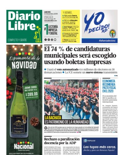 Portada Periódico Diario Libre, Jueves 12 de Diciembre, 2019