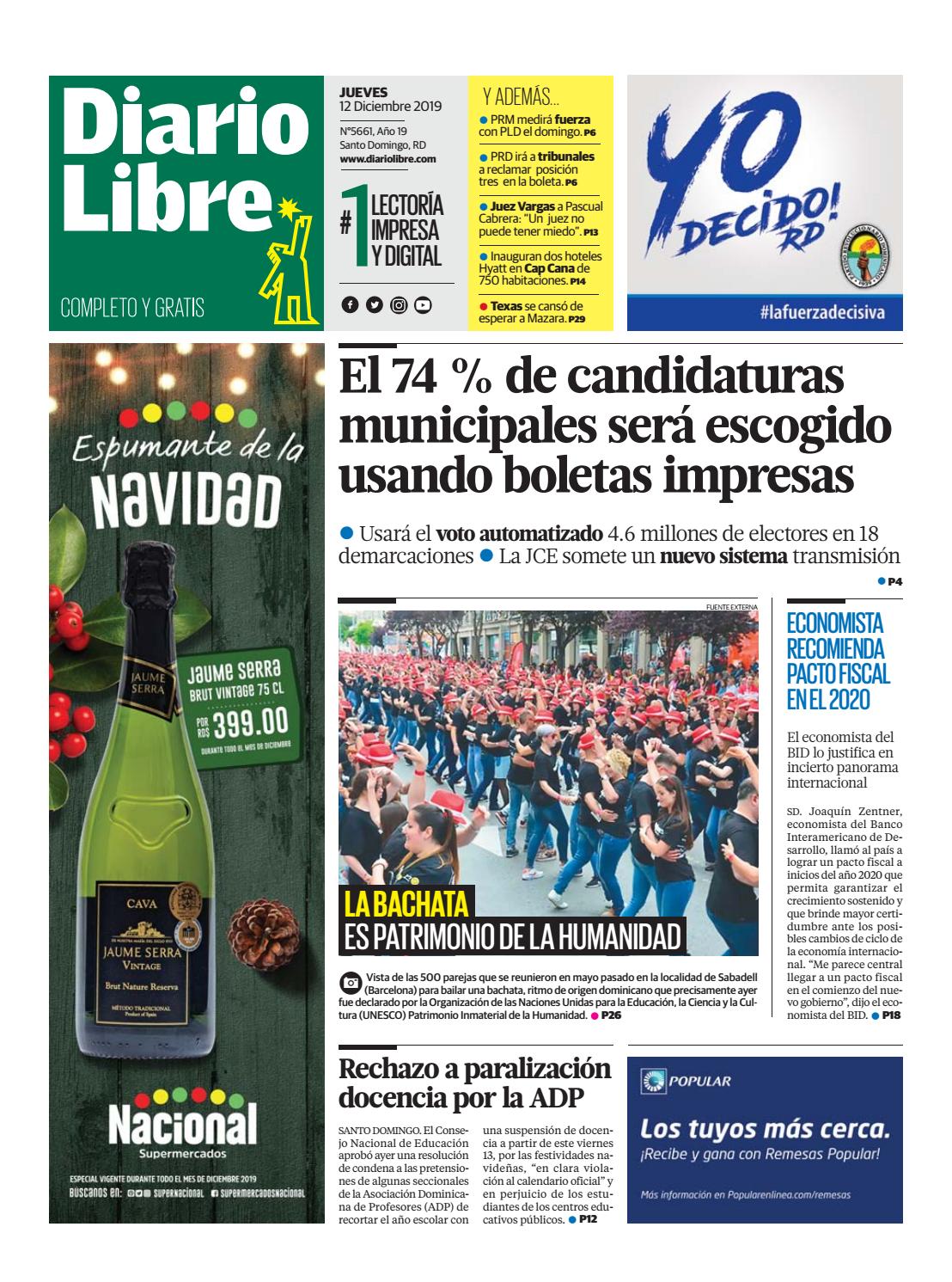 Portada Periódico Diario Libre, Jueves 12 de Diciembre, 2019