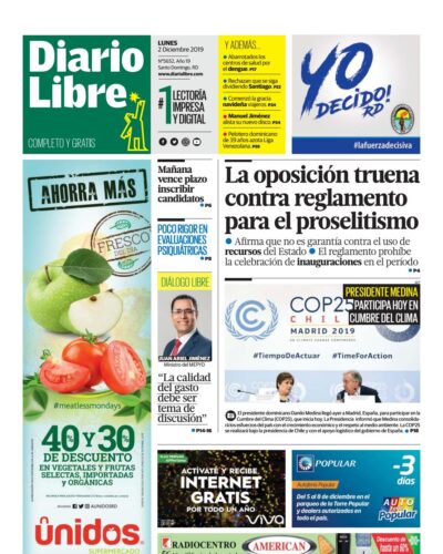 Portada Periódico Diario Libre, Lunes 02 de Diciembre, 2019