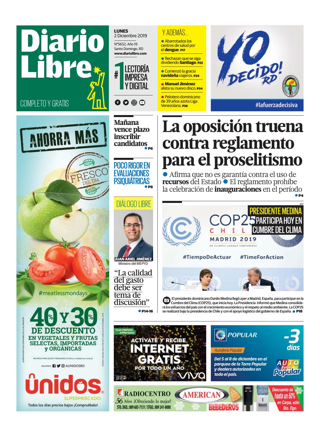 Portada Periódico Diario Libre, Lunes 02 de Diciembre, 2019